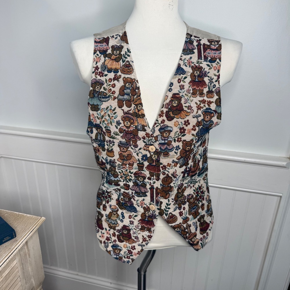 Petite Sophisticate Vintage Tapestry Teddy Bear Garden‎ Vest Small Made in USA